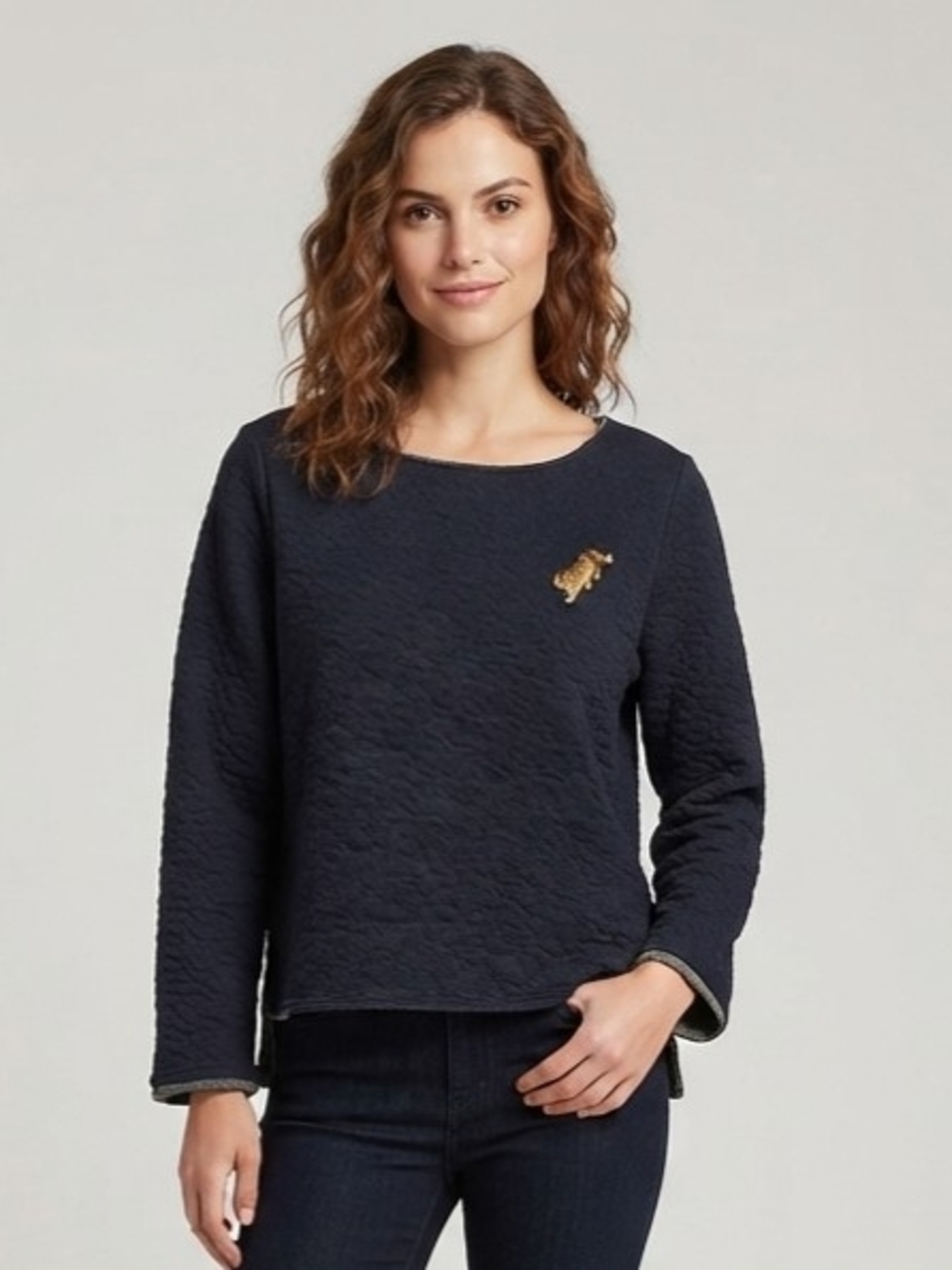 WE Fashion Quilted Navy Sweater XL Gold Thread Tiger Patch Detail